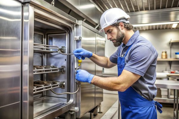 Refrigeration Technician Servicing Commercial Freezer with Gauges in Restaurant Kitchen
