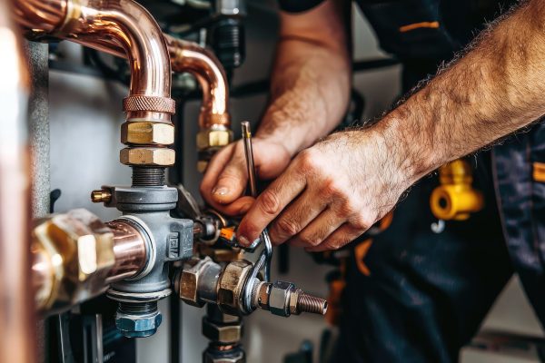 A skilled plumber focuses on tightening copper fittings and pipes in a plumbing system, showcasing craftsmanship and attention to detail in maintenance work.