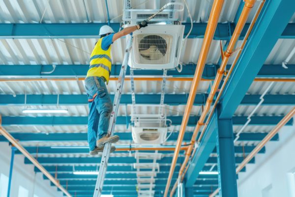 A worker on ladders is repairing the air conditioners in an industrial building, with a white ceiling and blue metal beams, in the style of professional photography, in a stock photo style. --ar 16:9 Job ID: 93000b4d-3902-480f-903a-5fabbbd78d33